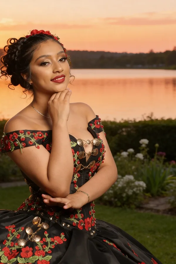 Después: la misma quinceañera con el mismo vestido, ahora en un jardín al atardecer junto a un lago