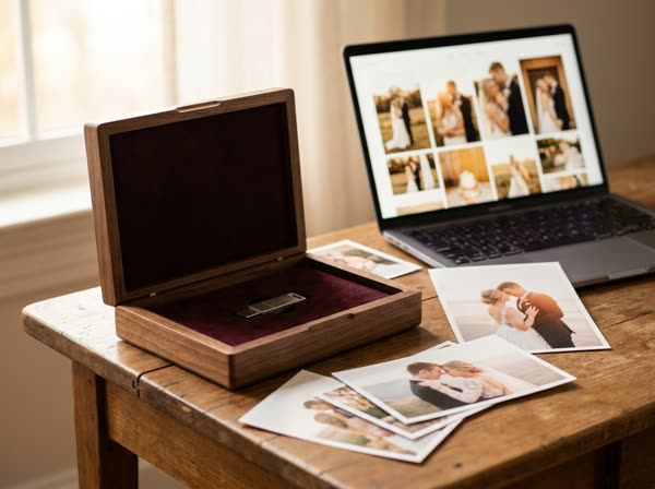 Material entregado: caja de madera con USB, fotos 4x6 y galería digital