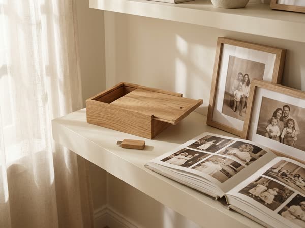 Material entregado: caja con USB, álbum familiar y fotos enmarcadas